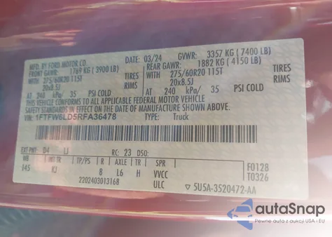 2024 Ford F-150 King Ranch из США, поврежденный, VIN 1FTFW6LD5RFA36478